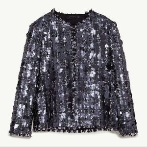 NWT Zara Sequin Blazer Jacket Size S Open Front Silver